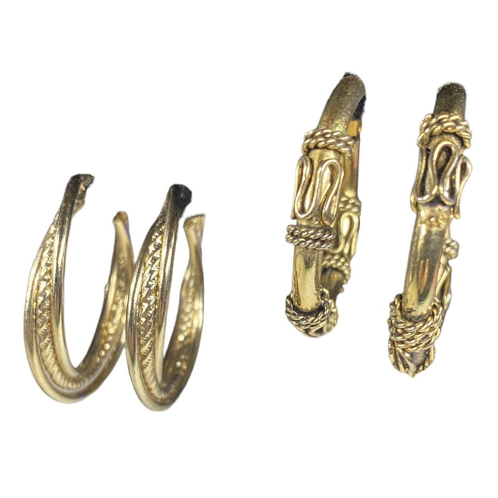 Chunky Gold Tone Twisted Hoop Earrings 2 Different Costume Jewelry Set Pierced